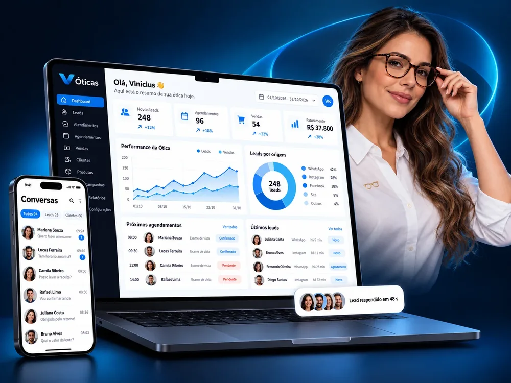 Consultora segurando os óculos, com o painel da V Óticas no notebook e no celular